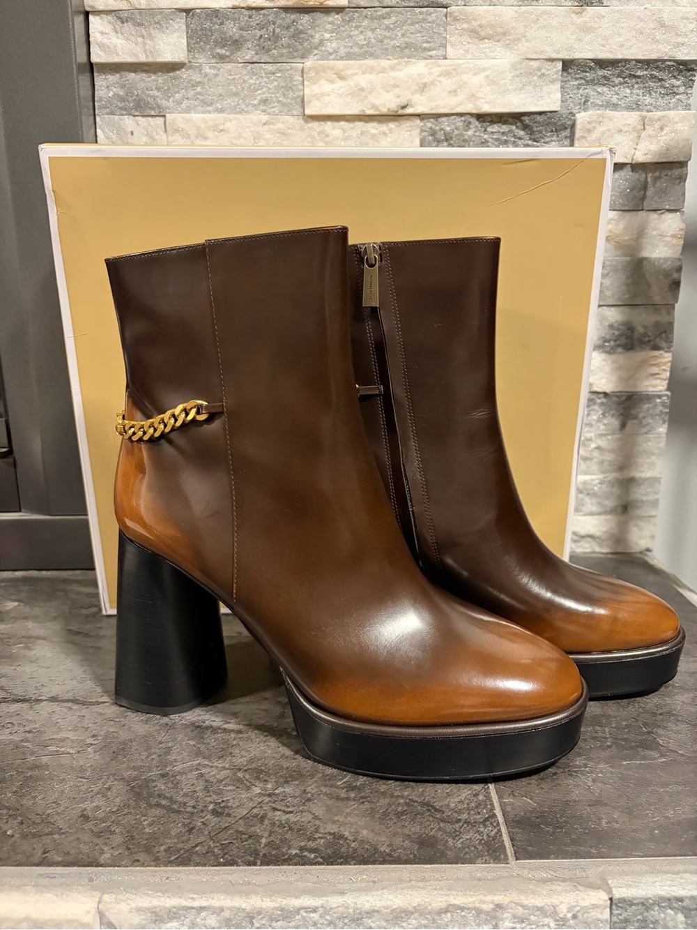 Micheal Kors Brown Leather Platform Ankle Boots with Chain Accent